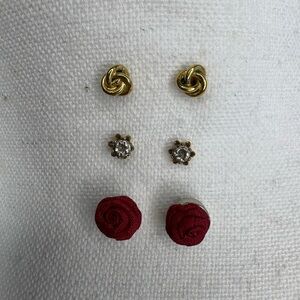 Set of Three Pairs Small Stud Earrings. Roses, Knots. Vintage